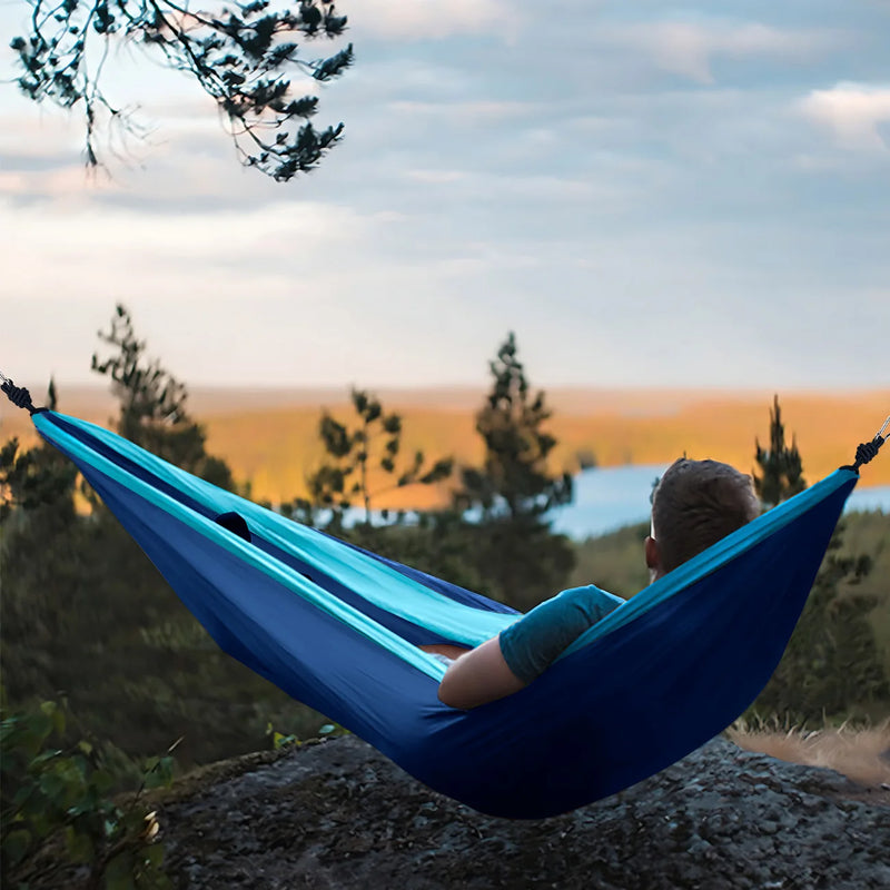 Hamac de camping léger en nylon, 220 x 90 cm ou 270 x 140 cm, sac et mousquetons, vue 5