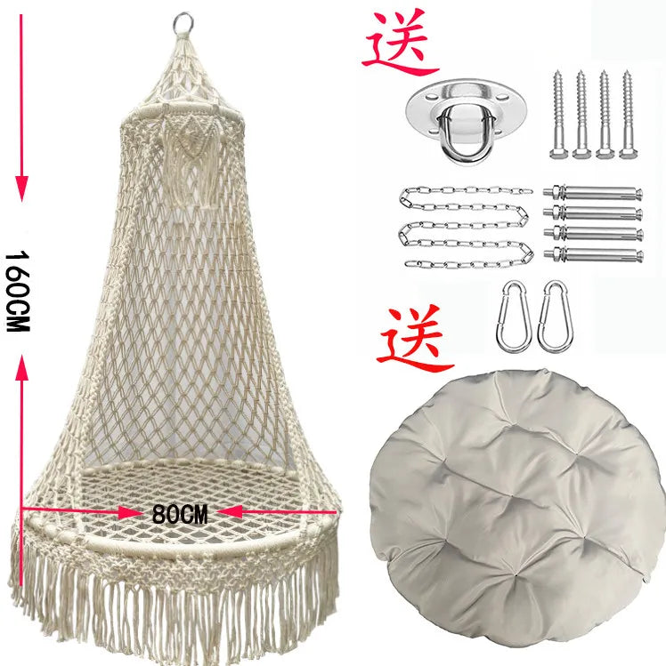 Chaise Hamac Suspendue en Macramé Écru, Forme Conique, Coussin Rond, 3 Tailles, vue 9