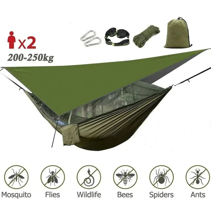Hamac de Camping Double Moustiquaire, Bâche Imperméable et Sangles, 260 x 140 cm