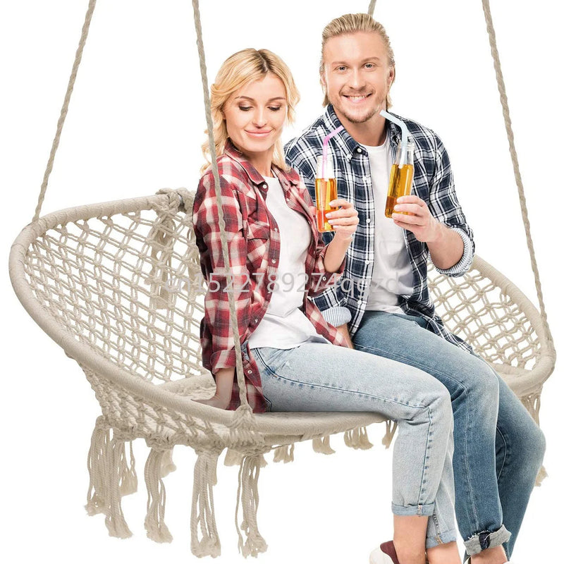 Chaise Hamac Suspendue Double en Macramé de Coton, Banc à Franges 130 x 80 cm, vue 2