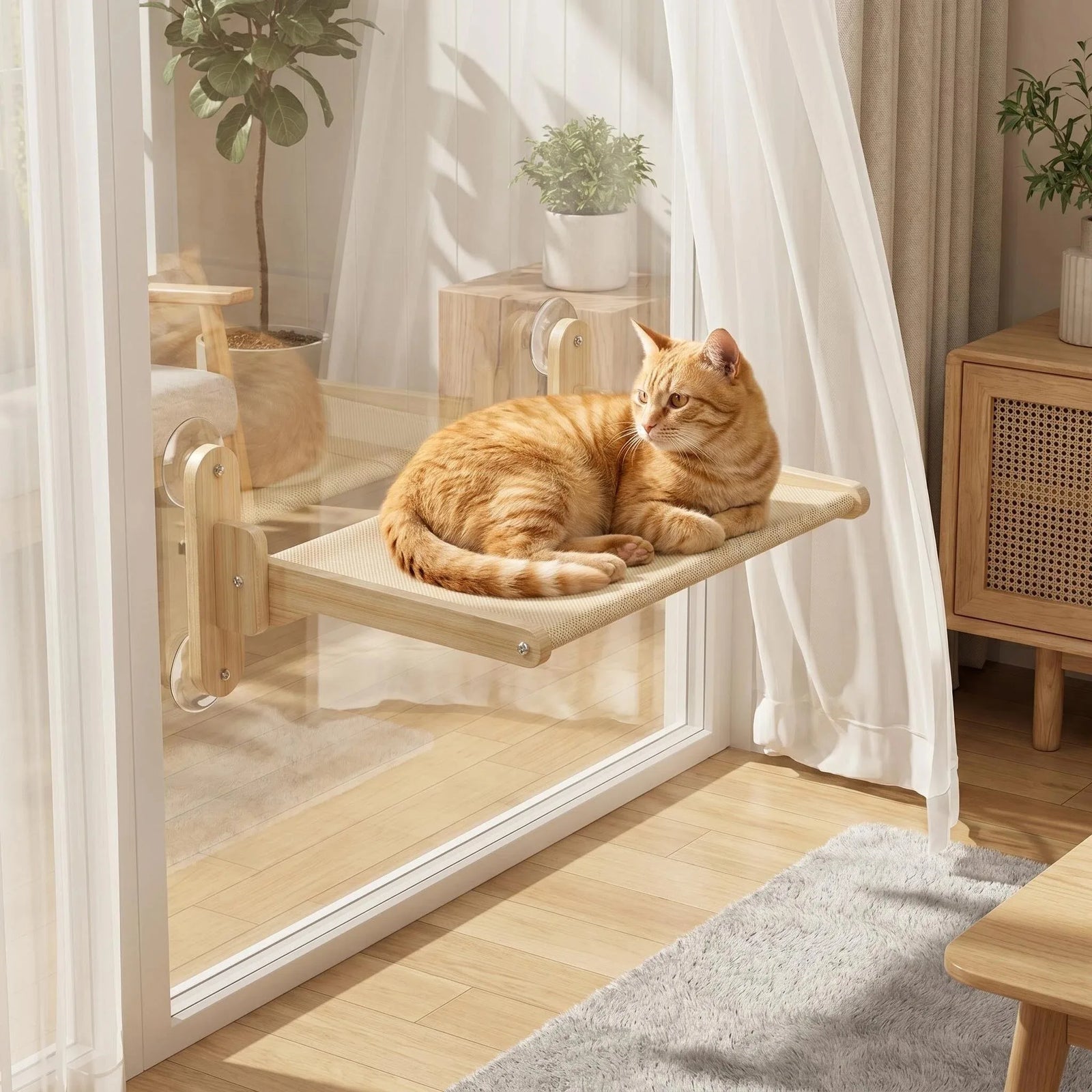 Hamac pour Chat de Fenêtre en Bois Massif à 4 Ventouses, Toile Respirante, 60 x 37 cm, vue 4