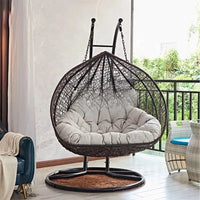 Fauteuil Suspendu Œuf Double Tressé Marron Foncé avec Pied Noir et Coussin, vue 2