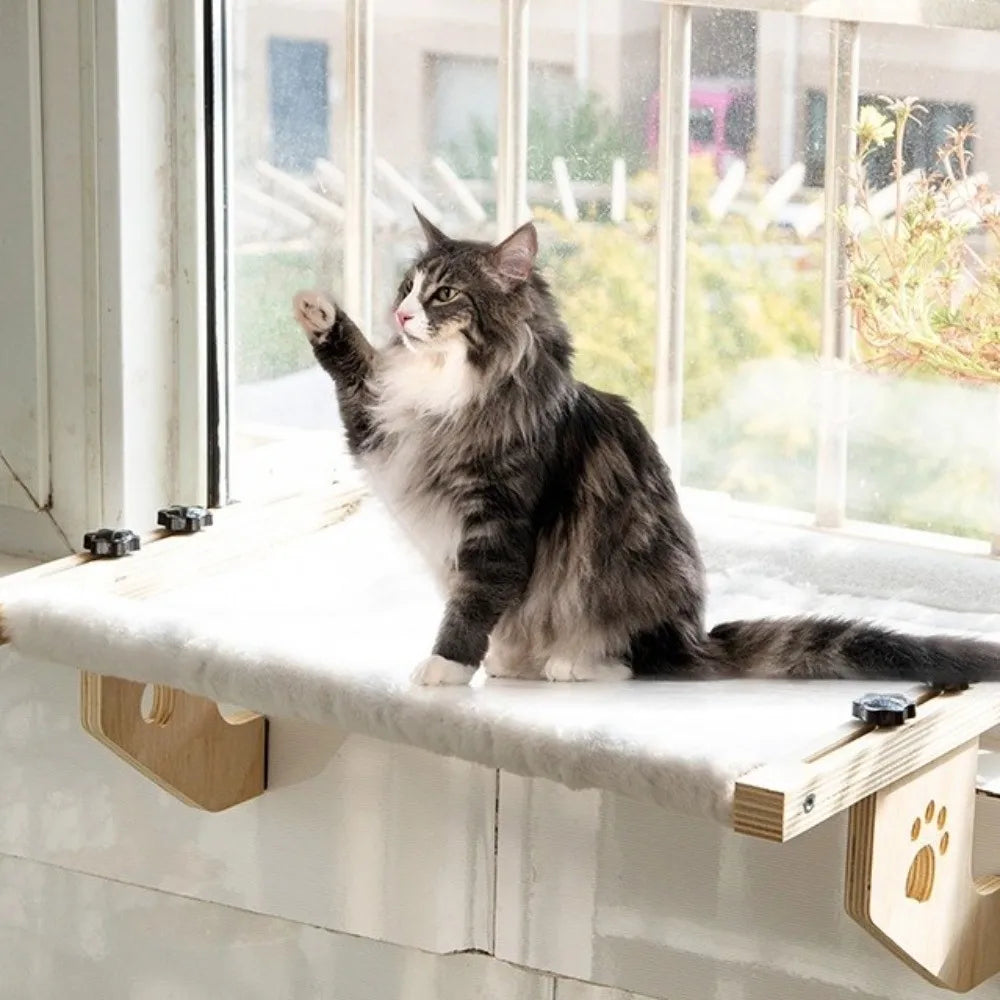 Hamac pour Chat Fenêtre en Bois, Toile Blanche en Coton, Motif Patte
