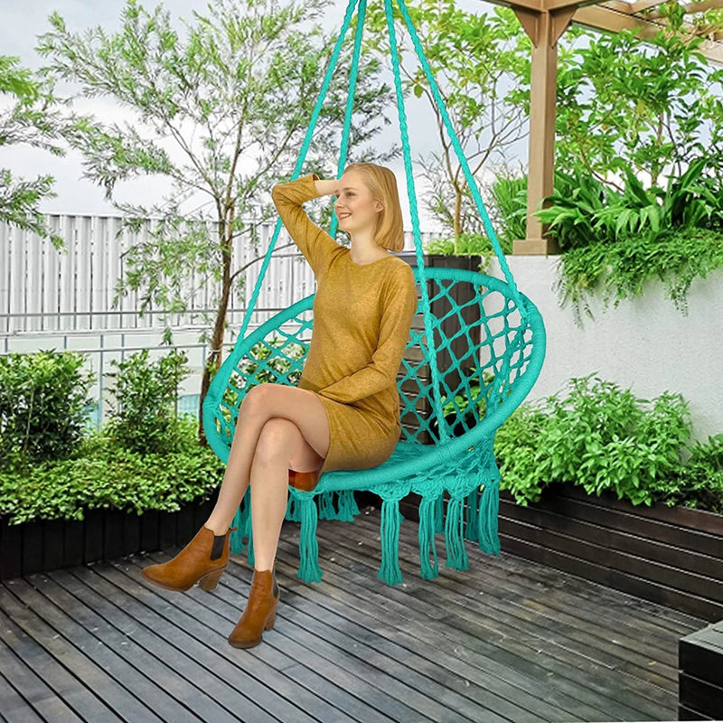 Chaise Hamac Ronde en Macramé de Coton avec Anneau en Acier et Kit de Suspension, vue 6