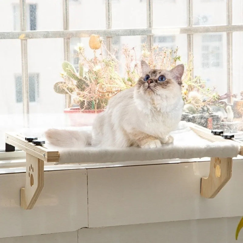 Hamac pour Chat Fenêtre en Bois, Toile Blanche en Coton, Motif Patte, vue 5