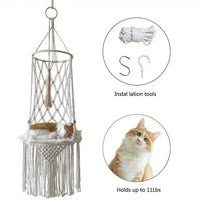 Hamac pour Chat Suspendu en Macramé Blanc Cassé à Longues Franges, Taille M ou L, vue 6