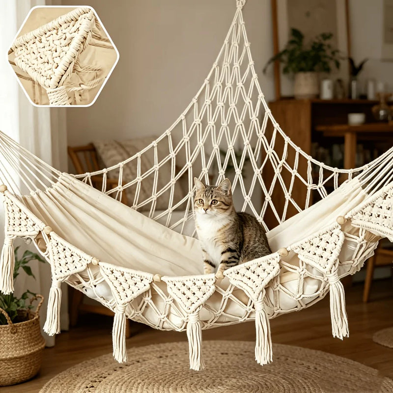 Hamac pour Chat Mural d'Angle en Filet de Macramé, Franges, 4 Coloris