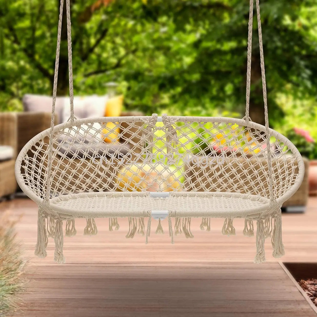 Chaise Hamac Suspendue Double en Macramé de Coton, Banc à Franges 130 x 80 cm
