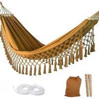 Hamac Bohème à Franges, Toile Polyester et Barres en Bois, 2 Places