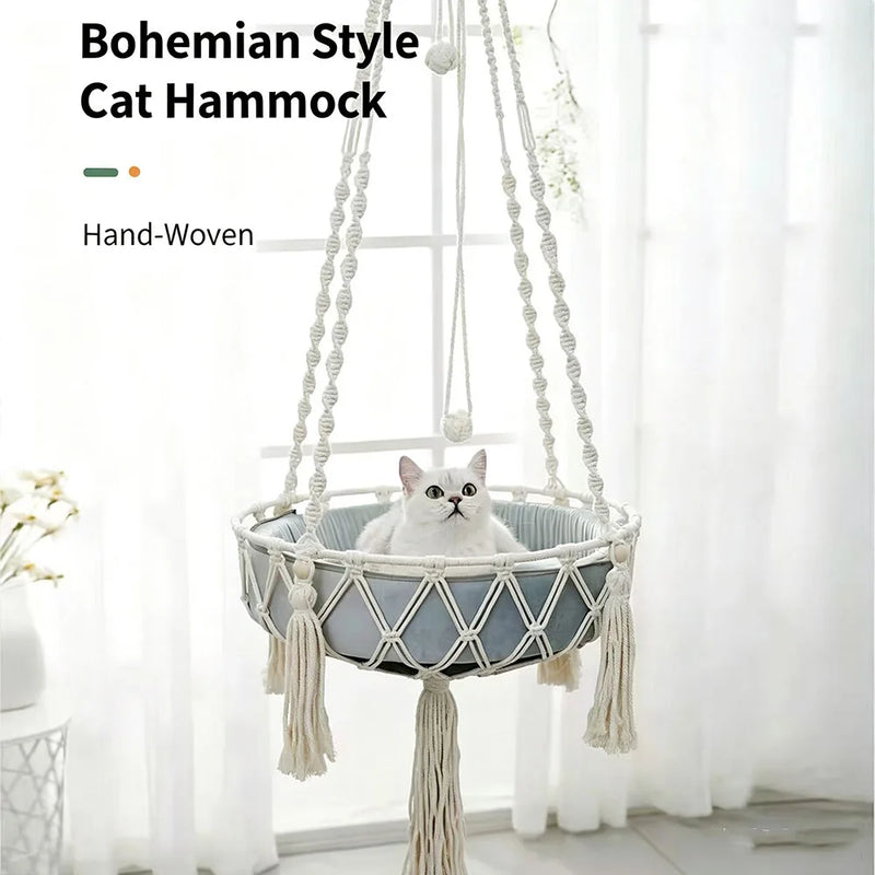 Hamac Chat Macramé Suspendu Bohème avec Coussin, 30 ou 40 cm, vue 5