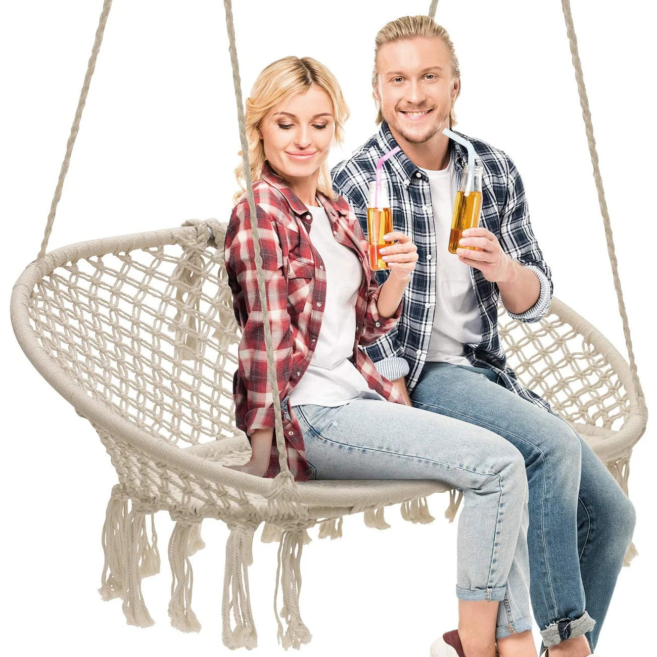 Chaise Hamac Banc Suspendu Double en Macramé de Coton, Franges, 138 x 51 cm