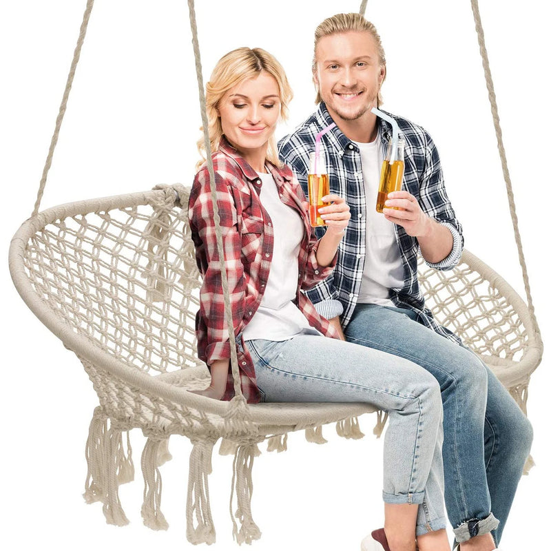 Chaise Hamac Banc Suspendu Double en Macramé de Coton, Franges, 138 x 51 cm
