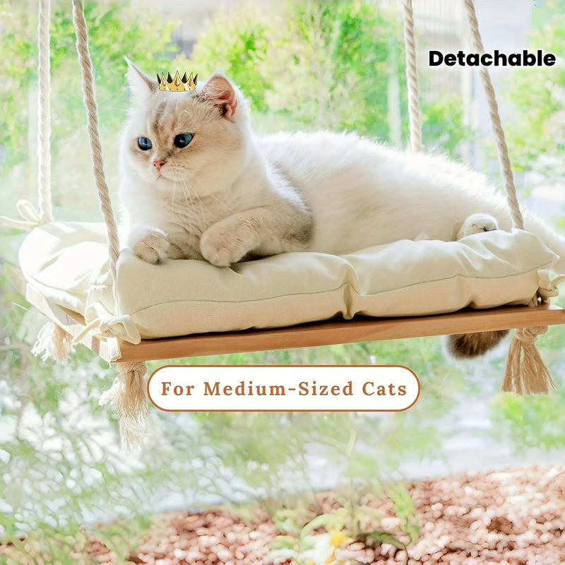 Hamac pour Chat Fenêtre en Bois et Cordes, Coussin Amovible, 45 x 35 cm, vue 2