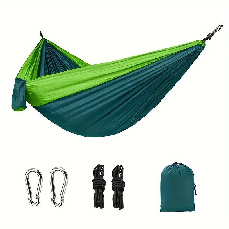 Hamac de camping simple en nylon 220 x 90 cm, sangles et mousquetons fournis, vue 7