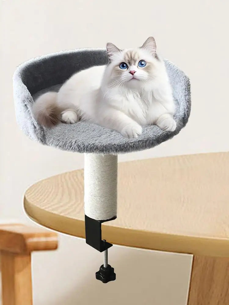 Hamac Chat Bureau à Pince, Panier Rond avec Griffoir en Sisal, Gris, vue 3