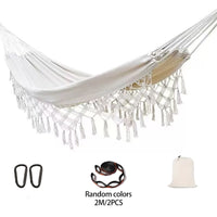Hamac à franges style bohème en tissu crème, 200 x 150 cm, avec sangles et mousquetons, vue 6