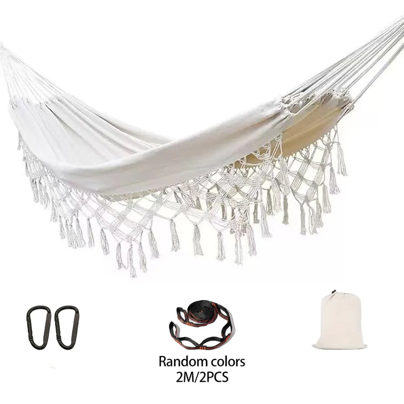 Hamac à franges style bohème en tissu crème, 200 x 150 cm, avec sangles et mousquetons, vue 6