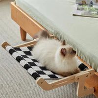 Hamac pour Chat à Accrocher au Lit, au Rebord ou au Tiroir, Bois et Toile de Coton-Lin, 44,5 x 34 cm