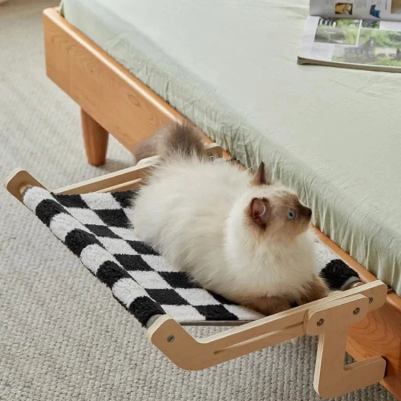 Hamac pour Chat à Accrocher au Lit, au Rebord ou au Tiroir, Bois et Toile de Coton-Lin, 44,5 x 34 cm