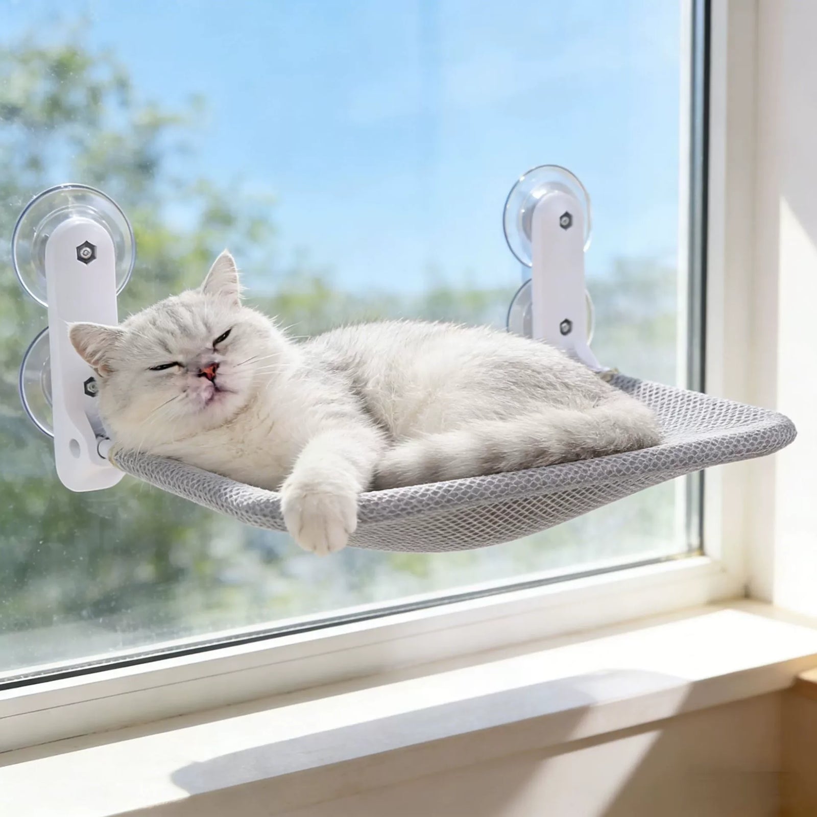 Hamac pour Chat de Fenêtre Pliable à Ventouses, Cadre Acier, Gris ou Blanc, Tailles M et L