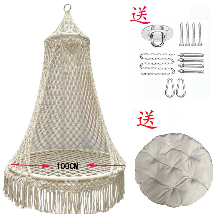 Chaise Hamac Suspendue en Macramé Écru, Forme Conique, Coussin Rond, 3 Tailles, vue 8