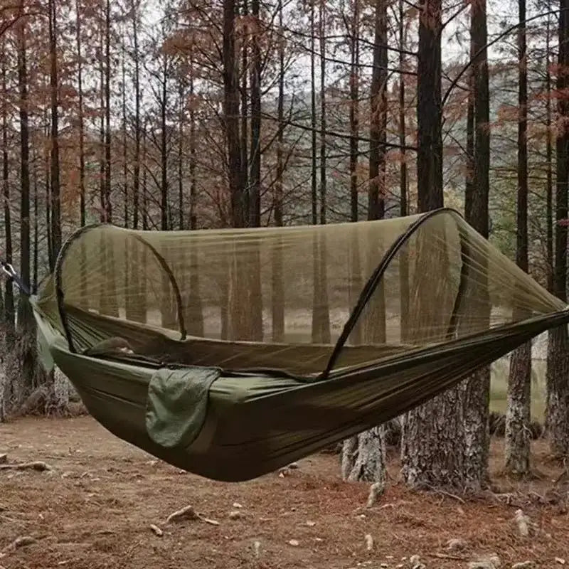 Hamac de Camping avec Moustiquaire en Nylon Vert Militaire, 250 x 120 cm, Sangles