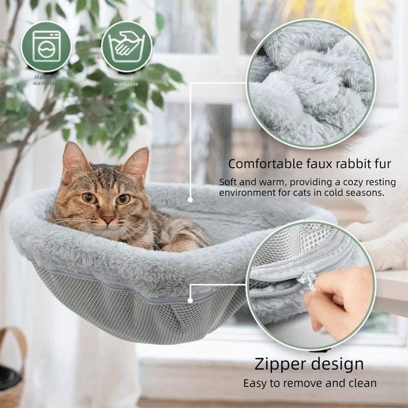 Hamac pour Chat de Table à Pince, Assise Creuse en Peluche Grise à Housse Zippée, 44 x 46 cm, vue 4