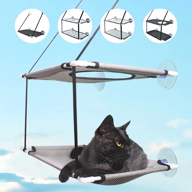 Hamac pour Chat de Fenêtre à Ventouses, Simple ou Double Étage, Maille et Sangles, 51 x 31 cm