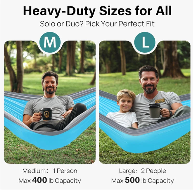 Hamac de camping portable en nylon 210T, simple 270 x 140 cm ou double 300 x 200 cm, vue 5
