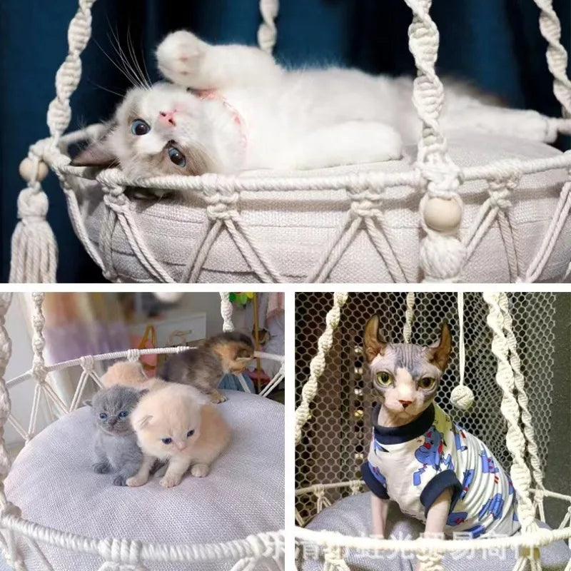 Hamac pour Chat Suspendu en Corde de Coton à Glands, 40 cm, avec ou sans Coussin en Peluche, vue 5