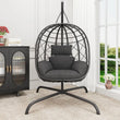 Fauteuil Suspendu Œuf en Résine Tressée Noire avec Pied et Coussin Gris