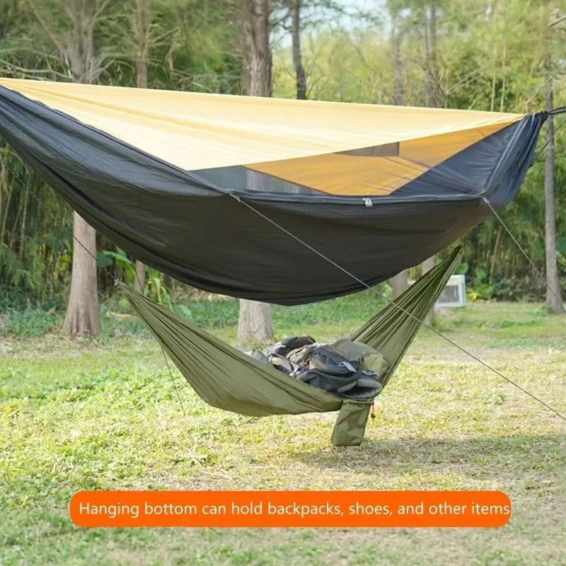 Hamac de camping avec toile pare-soleil 290 x 140 cm et hamac de rangement suspendu, vue 6