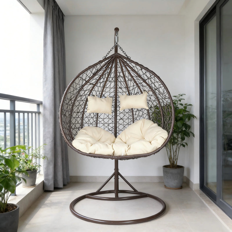 Fauteuil Suspendu Œuf 2 Places Tressé Marron, Coussin Crème et Deux Oreillers