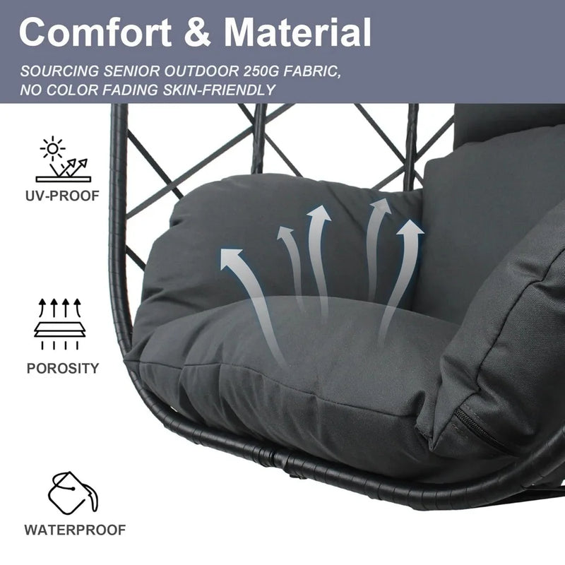 Fauteuil Suspendu Œuf en Résine Tressée Noire avec Pied et Coussin Gris, vue 4