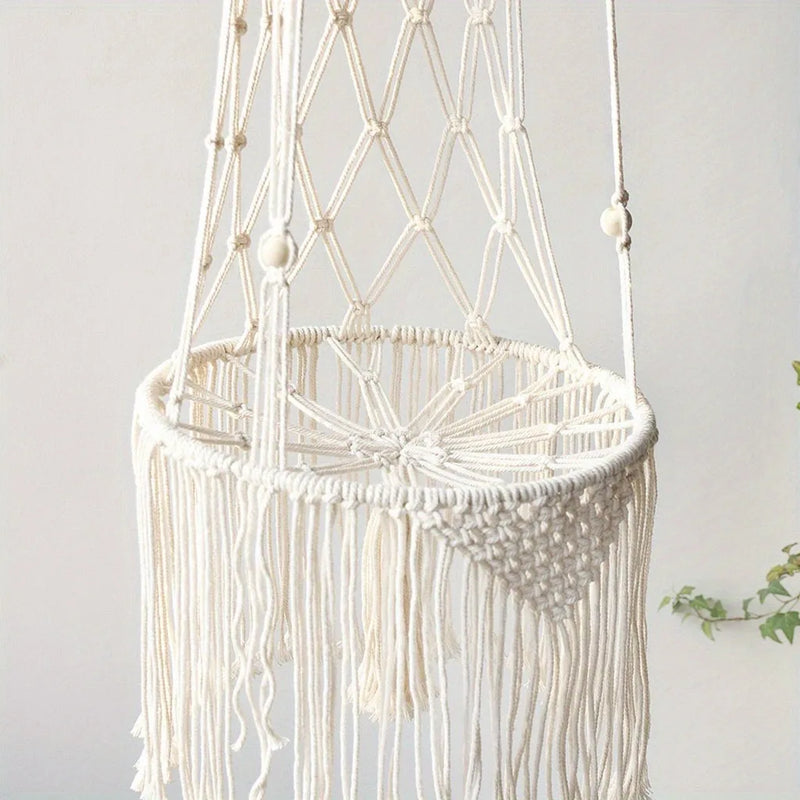 Hamac pour Chat Suspendu en Macramé Blanc Cassé à Longues Franges, Taille M ou L, vue 4
