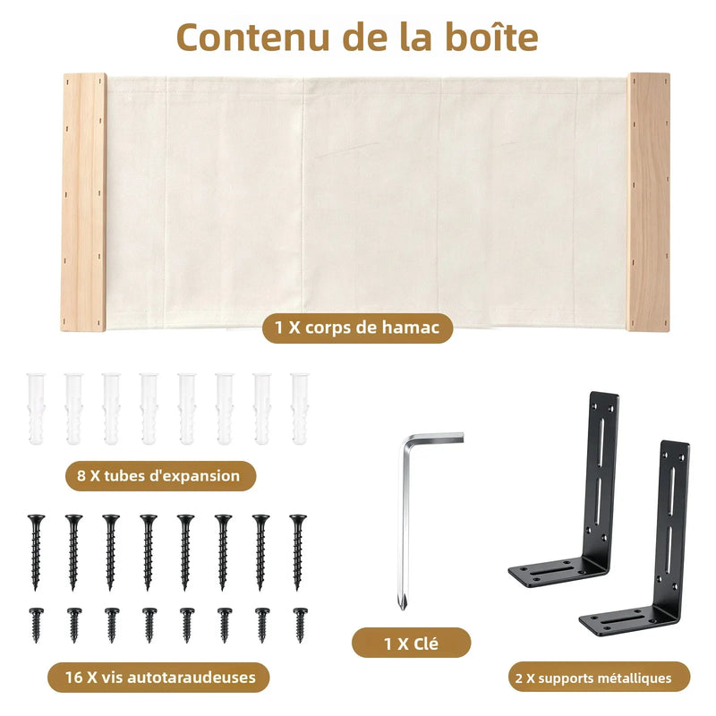 Hamac Mural pour Chat en Bois et Toile Blanc Cassé, 85 x 33 cm, vue 6