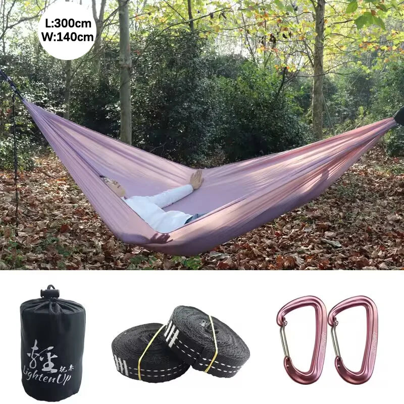 Hamac de Camping Ultraléger Double en Nylon, 300 x 140 cm, Sangles et Mousquetons, vue 8