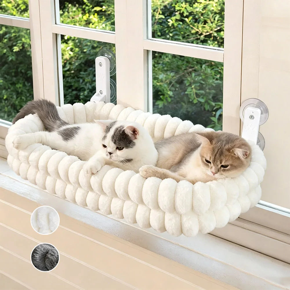 Hamac pour Chat de Fenêtre à Ventouses en Peluche, Pliable, Blanc ou Gris, 55 x 33 cm