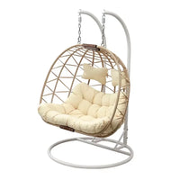 Fauteuil Suspendu Œuf Double Tressé Naturel, Pied Blanc, Coussin Crème, vue 2