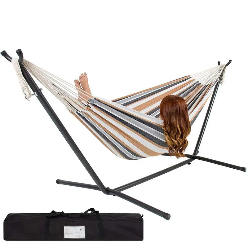 Hamac Double en Coton Rayé avec Support en Acier 9 Pieds et Sac de Transport, vue 12