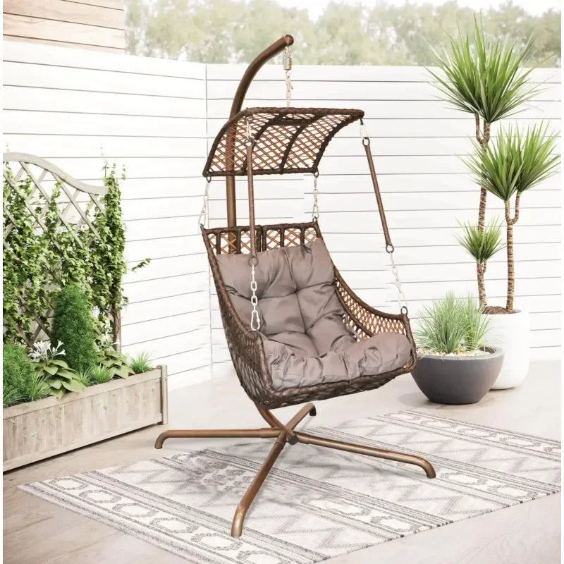 Fauteuil Suspendu Tressé avec Toit et Pied en C, Coussin Gris, 4 Coloris, vue 2