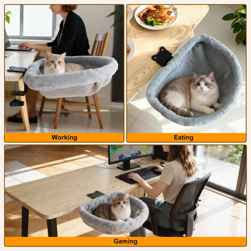 Hamac pour Chat de Bureau à Pince, Pliable en Un Clic, Demi-circulaire en Peluche Grise, 44 x 46 cm, vue 5