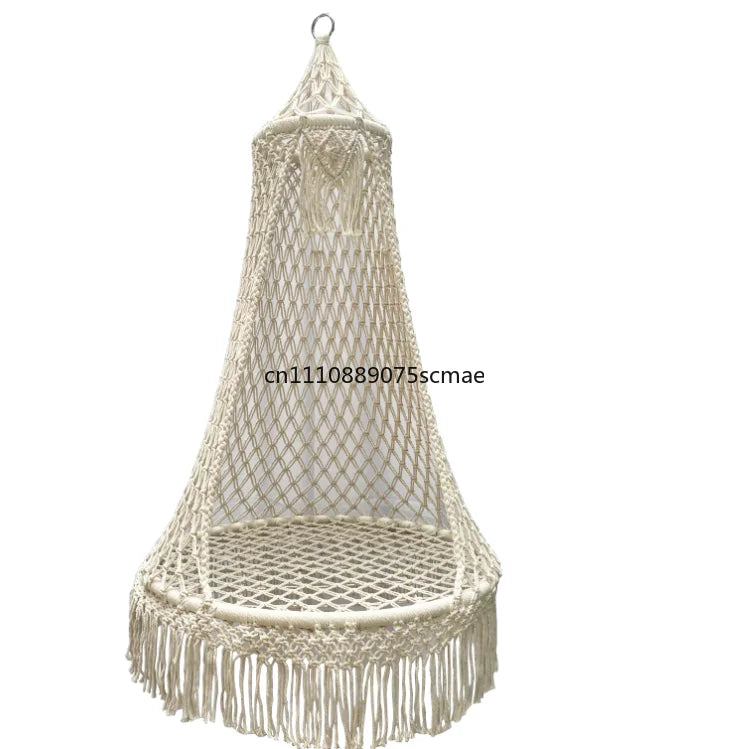 Chaise Hamac Suspendue en Macramé Écru, Forme Conique, Coussin Rond, 3 Tailles, vue 3