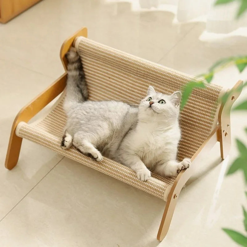 Lit Hamac pour Chat en Bois et Sisal, Griffoir 2 en 1, 2 Tailles
