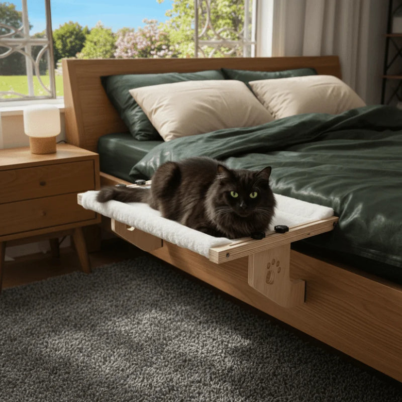 Hamac pour Chat Fenêtre en Bois, Toile Blanche en Coton, Motif Patte, vue 2