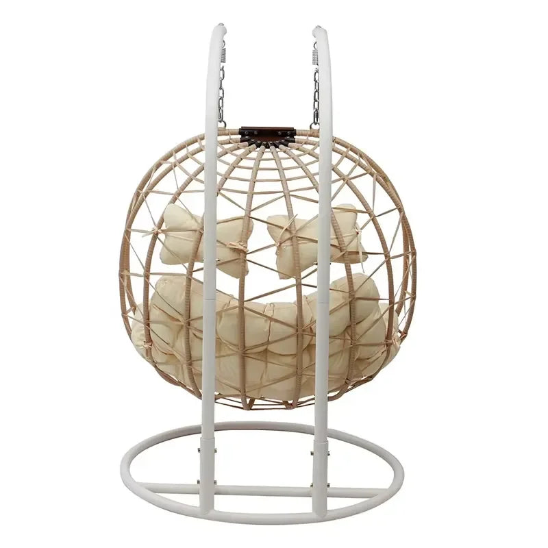 Fauteuil Suspendu Œuf Double Tressé Naturel, Pied Blanc, Coussin Crème, vue 4