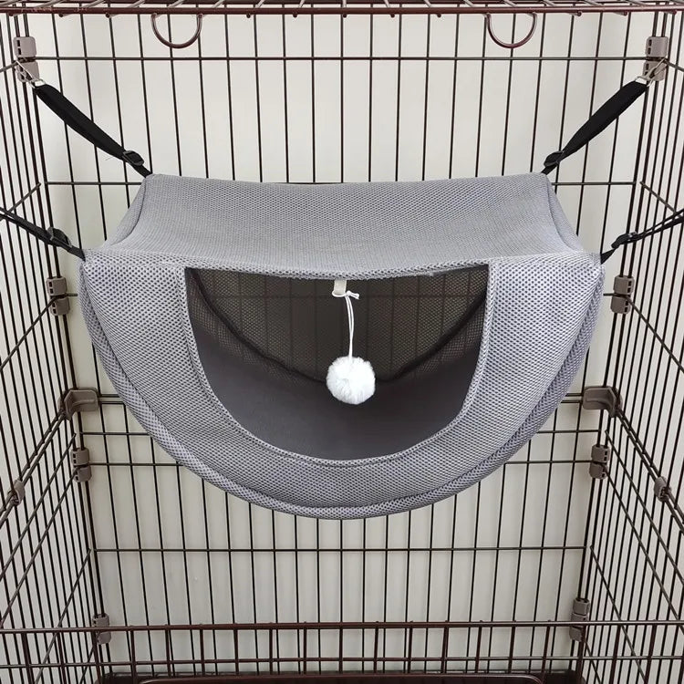 Hamac pour Chat à Suspendre en Cage, Maille Respirante avec Pompon