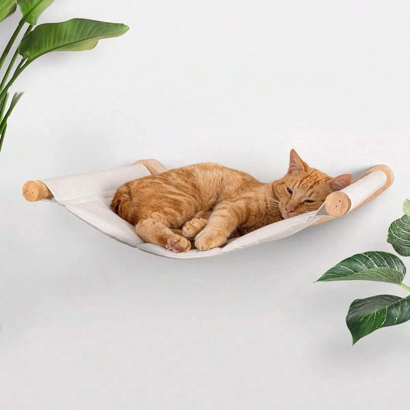 Hamac pour Chat Mural en Bois, Toile Blanche, 53 x 37 cm