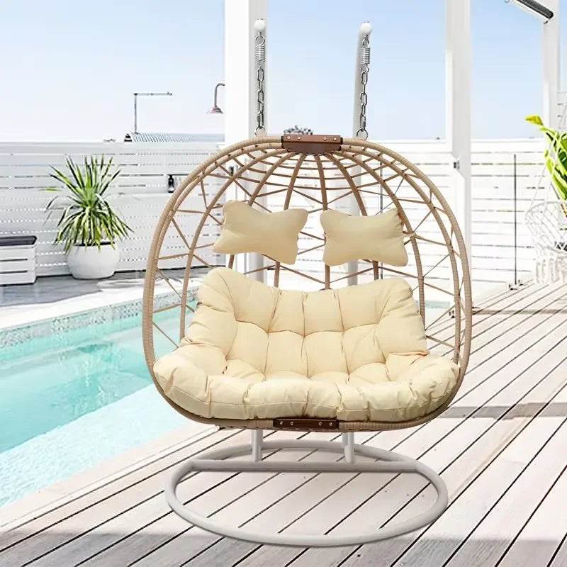 Fauteuil Suspendu Œuf Double Tressé Naturel, Pied Blanc, Coussin Crème