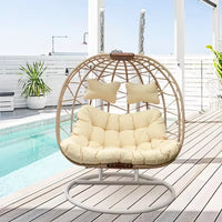 Fauteuil Suspendu Œuf Double Tressé Naturel, Pied Blanc, Coussin Crème
